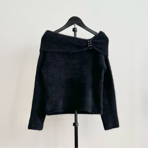 Vintage Twiggy Fuzzy Black Angora Off Shoulder Fold Over Sweater Size L